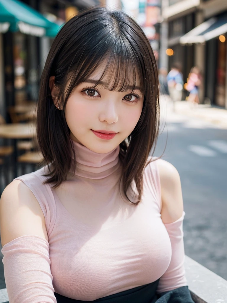((Mature woman sitting in front of a cafe)),((No sleeve, Sheer turtleneck shirt、Lots of debris、You can see the valley:1.3)). 40k, photograph, masterpiece, Highest quality, Dark Gray Background, ((beautiful girl)), ((Ample breasts)), perfectionな顔, perfection , ((Big Breasts)), ((茶色の目と美しい明るいBlack Hairの女の子1人)). Beautiful Japanese Women，very, Soft breasts and white skin, ((Very soft breasts)). Highly detailed face, fine grain, Embarrassing, smile, summer, Daytime, Half Body,  (Golden ratio face、plump lower lip、Pink Lips:1.4)、fine grain、Detailed nose、Fine ears、Wet and glossy lip detail、cloud, Color Stone Necklace, (Big Breasts:1.4),(CG Unity 8k high resolution wallpaper), Complex, Attention to detail, Sharp focus, dramatic, beautiful girl, (Black Hair、Blunt bangs, The forehead is hidden by the bangs:1.4)
