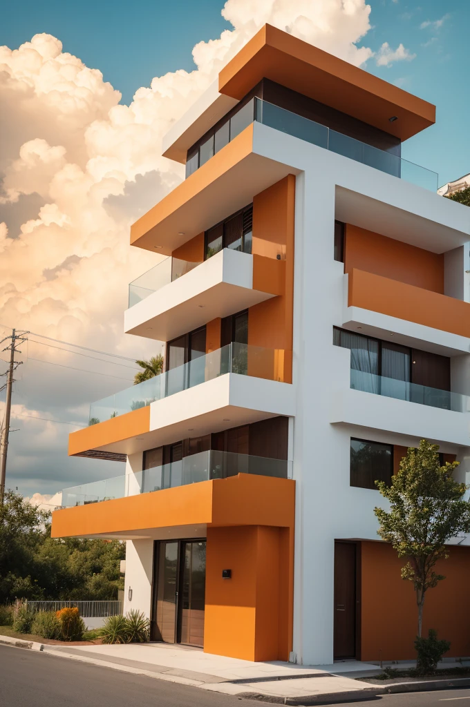 Image of a modern house in orange orange color in the clouds 