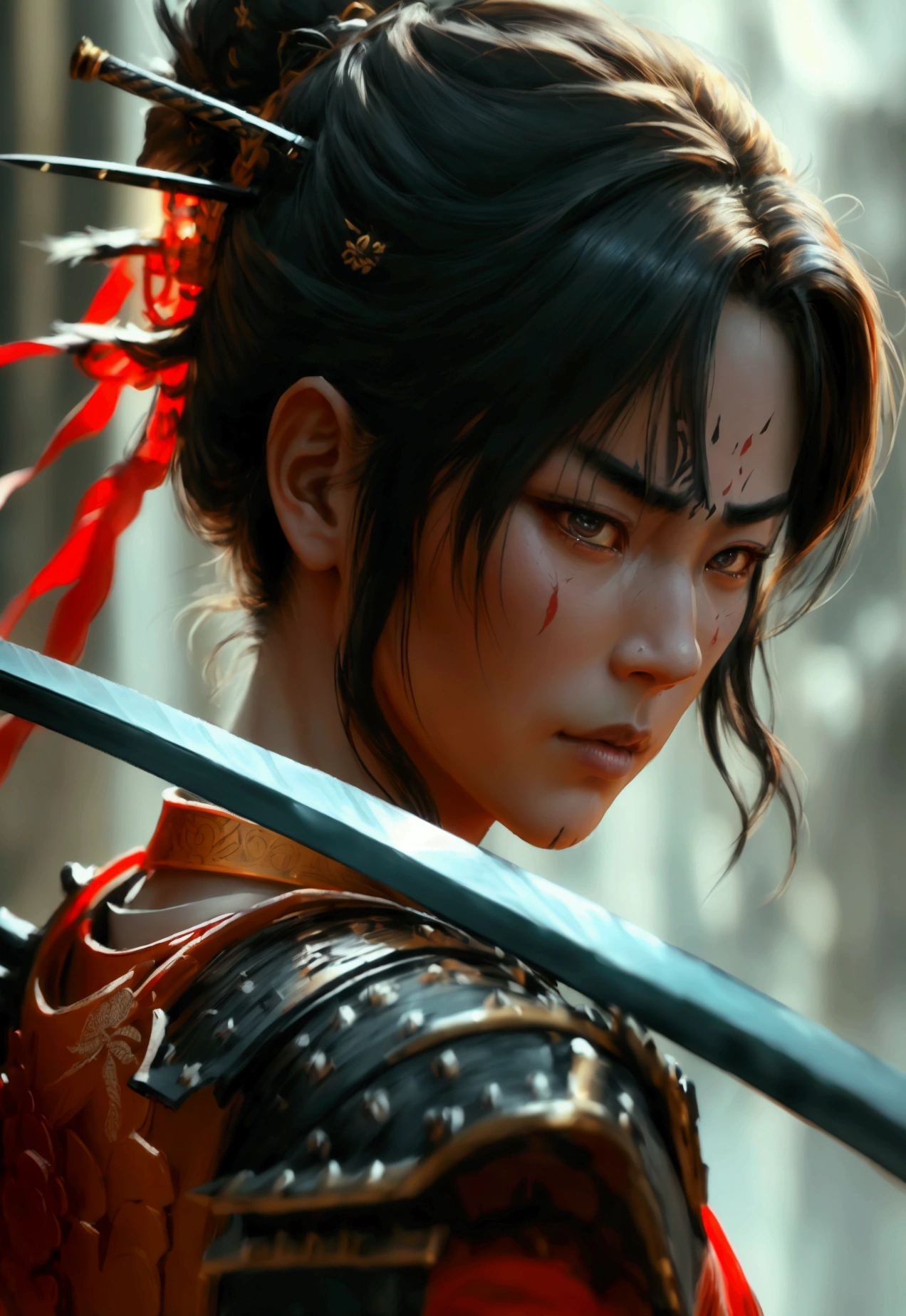 a samurai with a katana sword, detailed facial features, japanese warrior armor, dynamic pose, intricate sword hilt, ornate sword guard, dramatic lighting, cinematic composition, dark fantasy, muted color palette, gritty realism, (best quality,8k,highres,masterpiece:1.2),ultra-detailed,(realistic,photorealistic,photo-realistic:1.37)