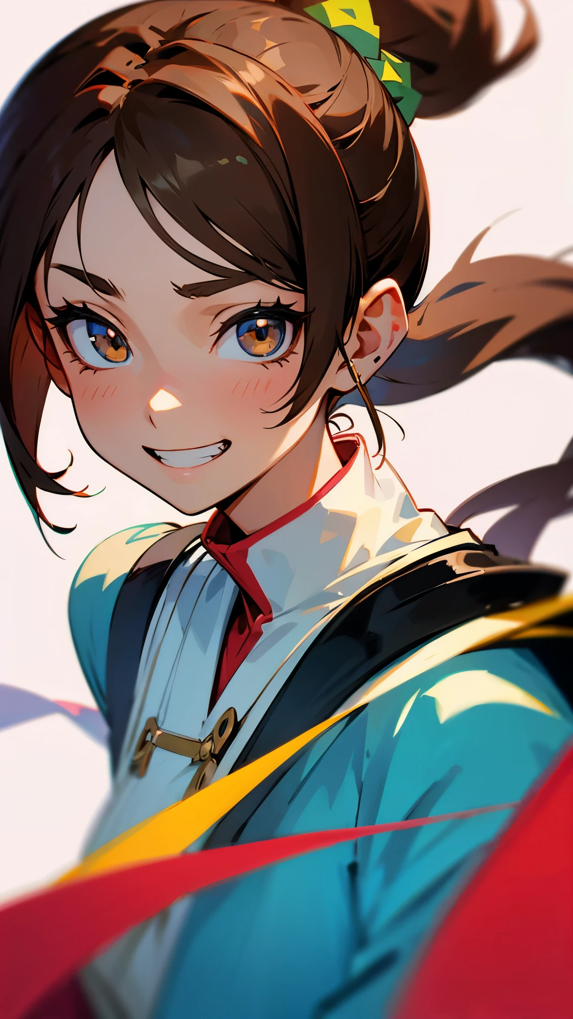 1 Girl、Anime style painting、Brown hair in a ponytail, Show me your ears, Upper body close-up、Grin