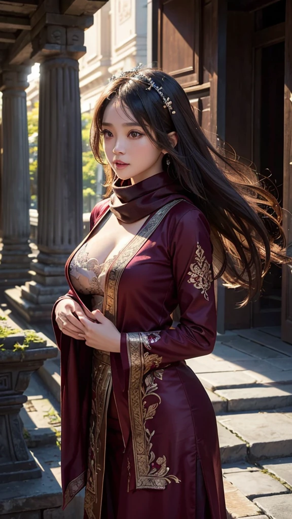 8k, best quality, Medium close-up, (maroon kebaya), (maroon hijab with flower motif), (luxury kebaya), (top-quality, masterpiece: 1.3,超A high resolution,), (ultra-detailliert, Caustics), (Photorealsitic: 1.4,RAW shooting,) Ultra-realistic capture, A highly detailed, high-definition16Kfor human skin, Cute and lovely Javanese girl, realistic, ultra detail, photo realistic, Increase quality,
standing in an ancient javanese temple with a scarf, (large breast), (cleavage), long shot, mouth, dark-haired, long hair, (depth of fields、chromatic abberation、 Wide range of lighting、Natural Shading、)、(Exterior light at night:1.4)、(Hair swaying in the wind:1.2