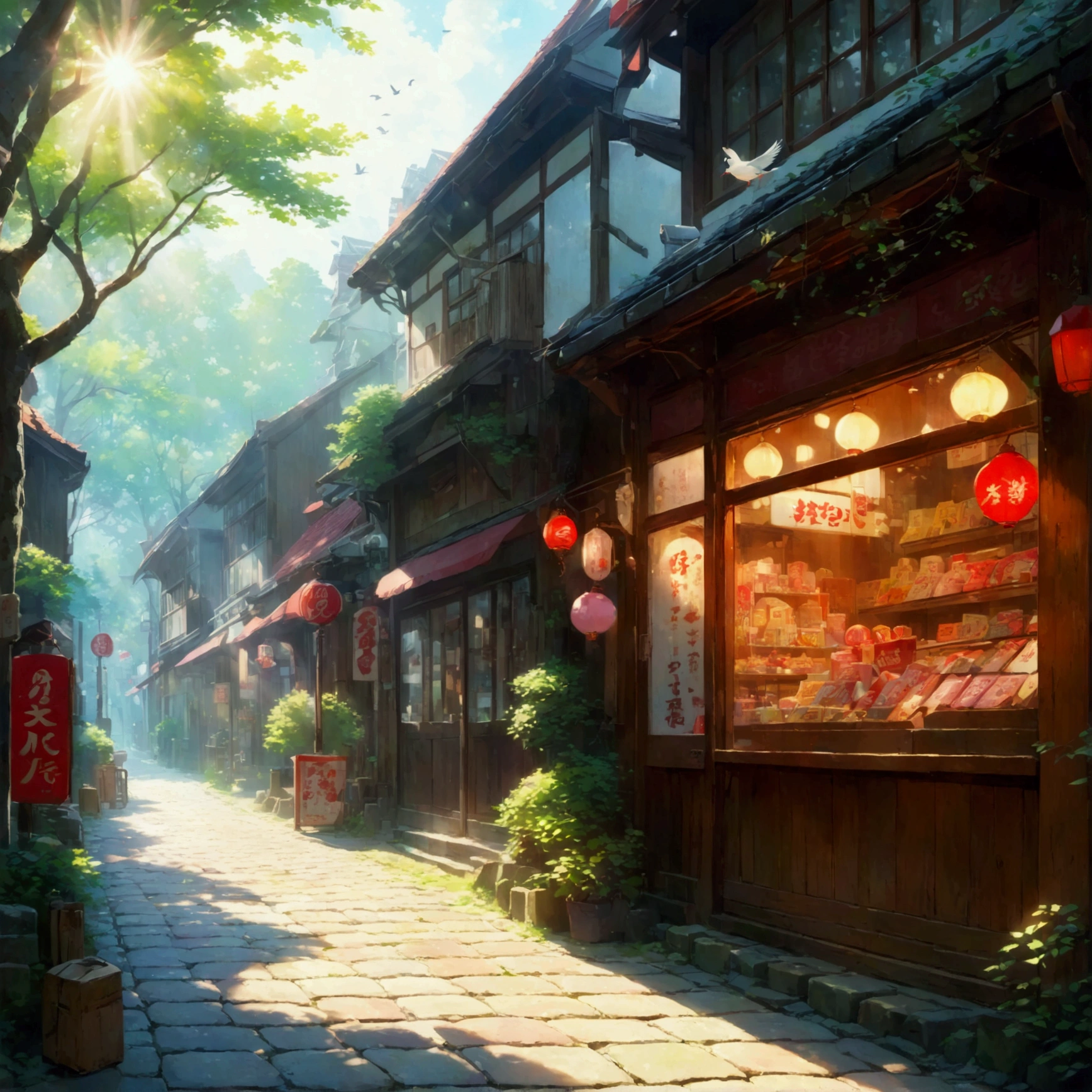 Morning haze, A nostalgic shopping street, Cobblestones, Sunlight filtering through the trees, Wooden buildings, Red roof, Faded signboard, 「Candy」Character, goodwill, Glass door, Warm light leaking from inside the store, Radio exercise sound, Birds chirping, Calm, Excitement, Nostalgic, Ghibli