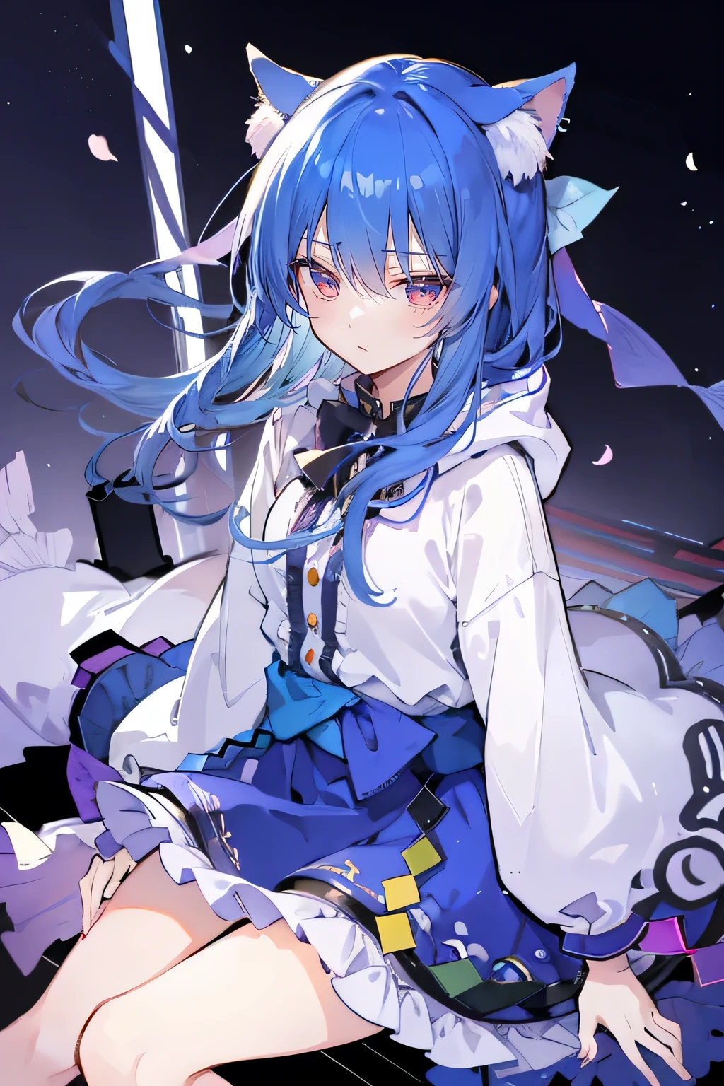 (masterpiece:1.2),Super detailed,lifelike,Expressive eyes,fair skin,perfect face shape,1 girl,
Japanese comics,Gorgeous blue hair,flowing blue hair,flowing clothes,Cat ears,Petals fall,beautiful lola,Baby Angel,
Shaking head with one hand,Cross your legs,Gentle and peaceful background,The pavilion is cool and comfortable,smile, wearing hoodie,snowing,City streets。