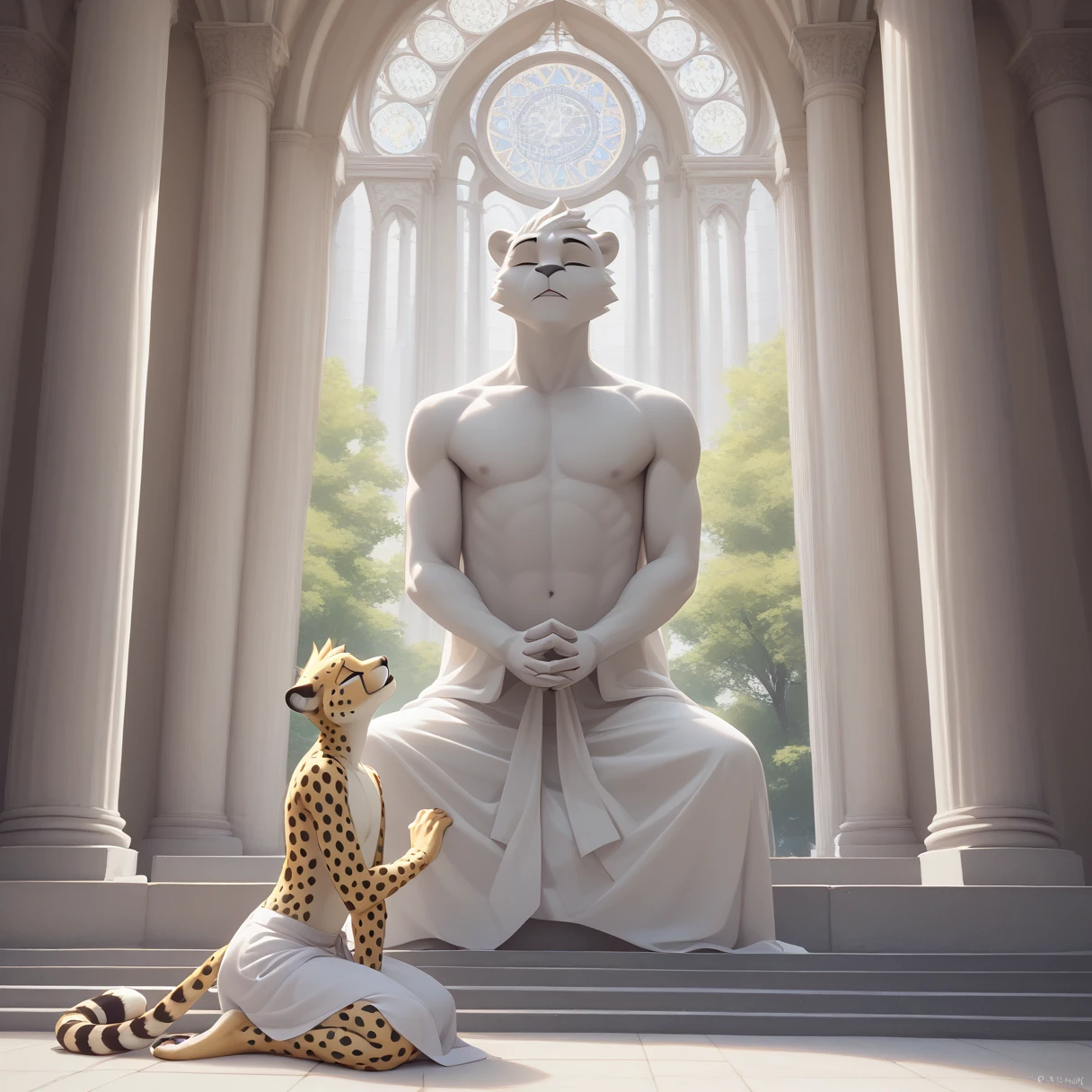 （Furry、Cheetah Boy）Yellow fluffy fur、Black spots、Thin white clothing、kneel、Eyes closed, looking down、Praying、Cathedral、A pillar of light、Large stone statue、From the line of sight、