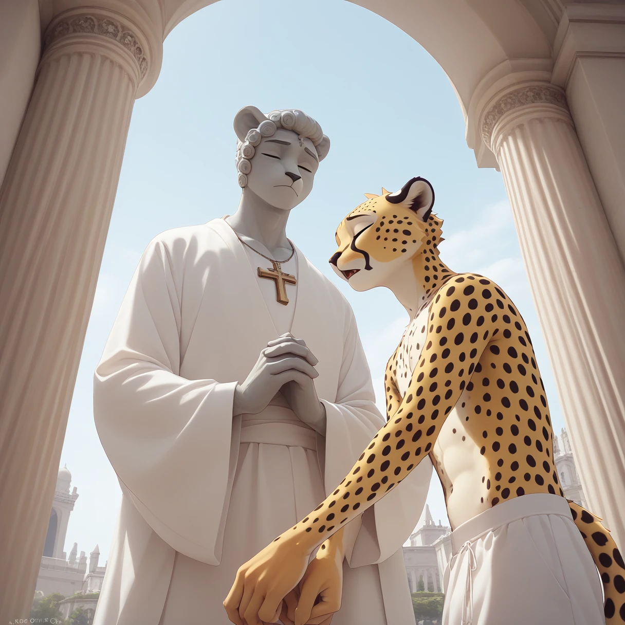 （Furry、Cheetah Boy）Yellow fluffy fur、Black spots、Thin white clothing、kneel、Eyes closed, looking down、Praying、Cathedral、A pillar of light、Large stone statue、From the line of sight、