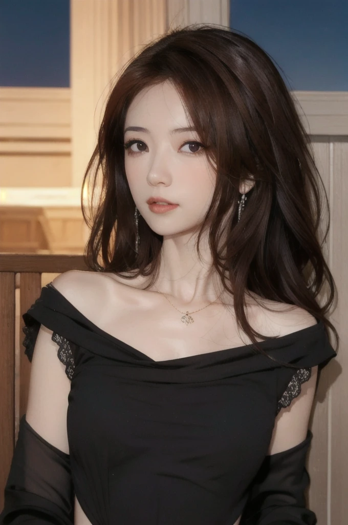 1girl, high quality, masterpiece, standing, looking at viewer, mole, black dress, see-through, lace trim ,upper body,ocean, small breasts, mole, parted lips, night, crescent, dim light,