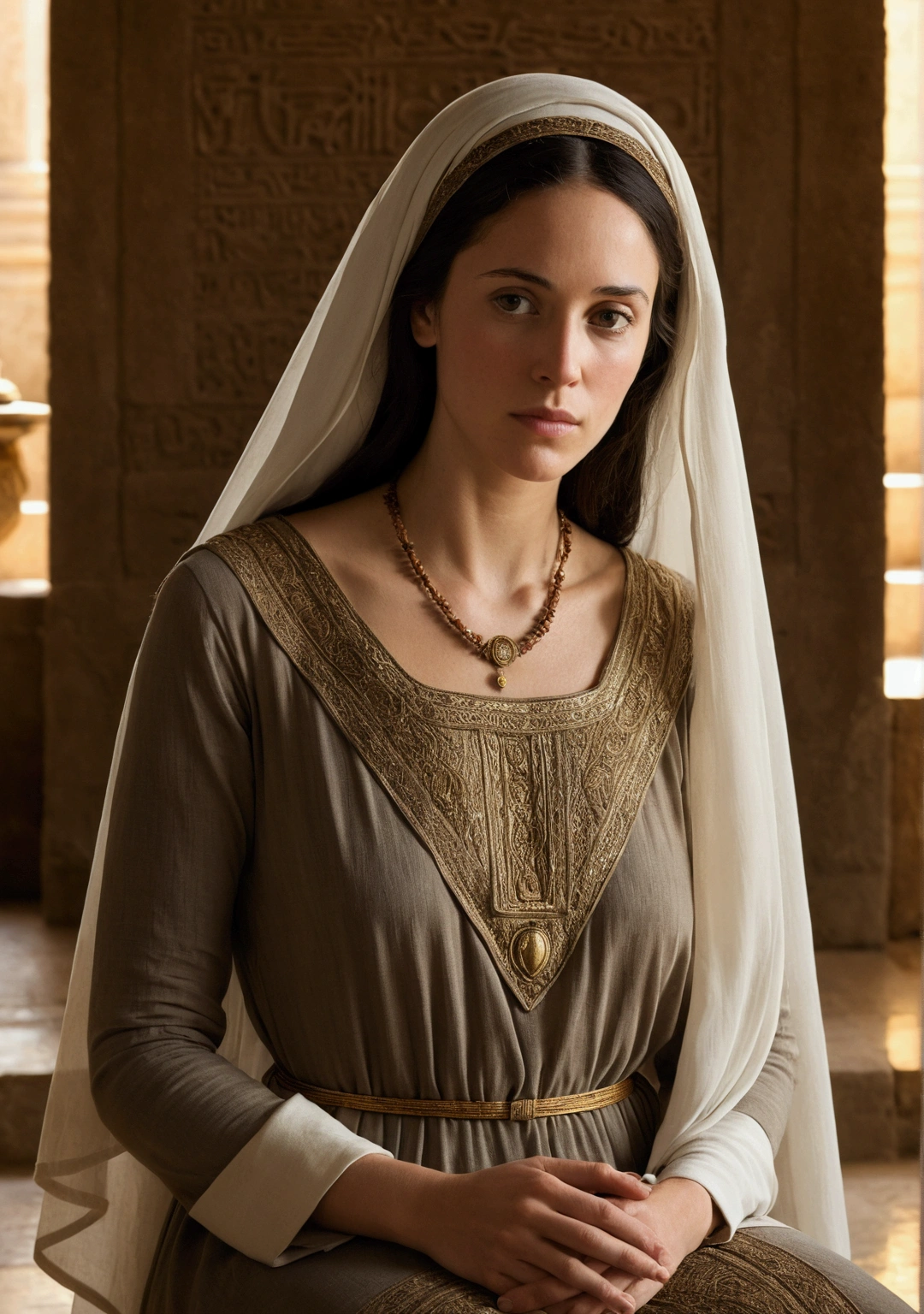 Mary is depicted in a realistic scene, kneeling in an ancient Hebrew temple interior. Her complexion is fair and smooth, reflecting her Hebrew heritage. The natural light that enters through the temple's openings illuminates his serene face. There are no images or idols visible in the temple, just simple architecture and natural elements like stone and wood. Her dark hair is covered by a simple veil, and she wears a modest dress in earthy colors, highlighting her modest simplicity and connection to the earth. The composition focuses on the central figure of Mary, highlighting her dignity and devotion. The rendering technique is careful in detail, capturing Mary's serenity in her facial expression and posture, in tune with her Hebrew cultural heritage.
