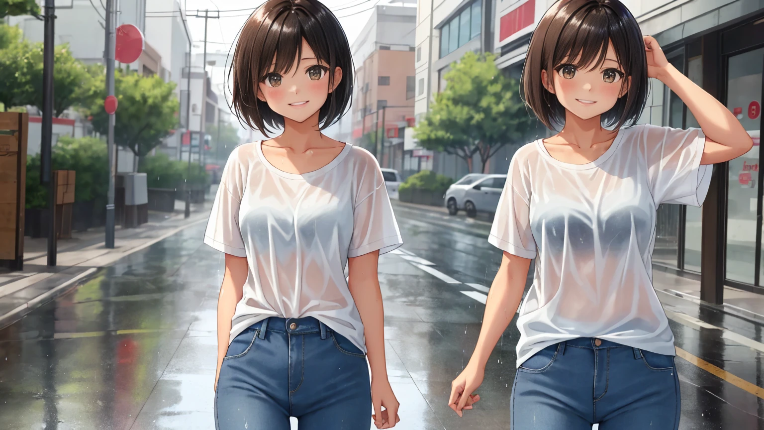 An empty street on a rainy summer day、A shot of a single woman from the waist up.。The woman has light brown, very short bob hair that is wet with raindrops falling from the ends.。The woman is wearing a white T-shirt and jeans.。The woman is soaked in the rain。She is posing cutely with a troubled smile.
