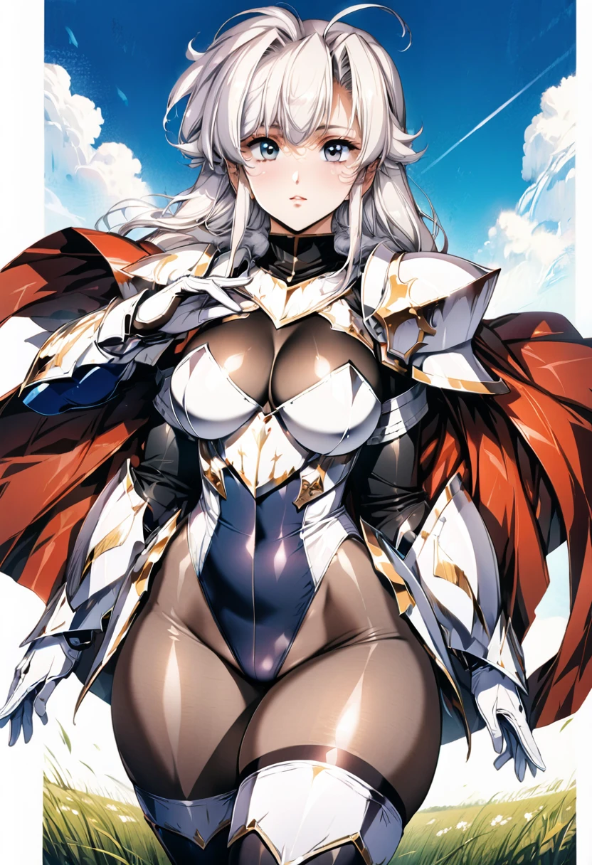 ((highest quality)), ((masterpiece)), ((hyperrealistic)), (detailed background), anime style, 1girl, ((curvy: 1.2)), kawaii, paladin, ((racing lame leotard)), ((catsuit leotard)), (paladin armor), (breastplate armored dress), cloak de cour, gauntlet, gloves, white hair, ahoge, (large breasts), (see-through cleavage cutout), (zettai ryouiki black thigh high socks), (see-through pantyhose thighs), (pantyhose groin area), beautiful eyes, perfect face, Perfect hands, perfect fingers, Blue sky and grassland,