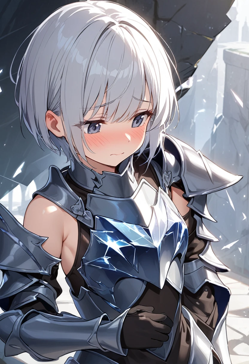 Girl, silver hair, short hair, boyish, shy, small breasts, knight's armor, shattered armor, (armor is shattered and bare tits is visible,)