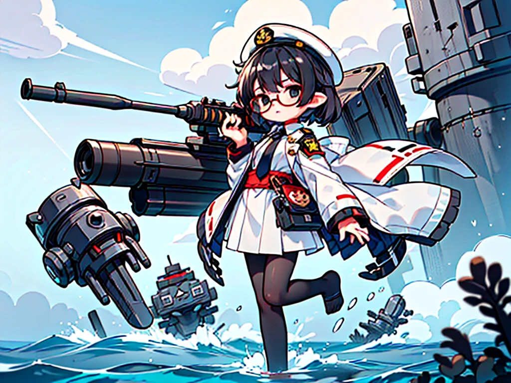 (((masterpiece, Vision))), ((((Full body of a woman with perfect flat chest、1 Female、solo、Short unkempt black hair、Tie your messy hair at the nape of your neck、white military jacket、Miko costume、black tights、Black glasses are black、White military cap、Cloudy black eyes、Confused eyes、Junyo-inspired emblem)))), (((Shipgirl))), ((Floating on the morning sea with both feet)), (Standing with your legs apart)), Aim, (Hold the shotgun turret grip with your right hand), (Four white armored mechanical tentacles extending from its back), (Mechanical tentacles holding machine guns), (Equipped with a bridge on the back), (His left arm holds the grip of a triple machine gun),