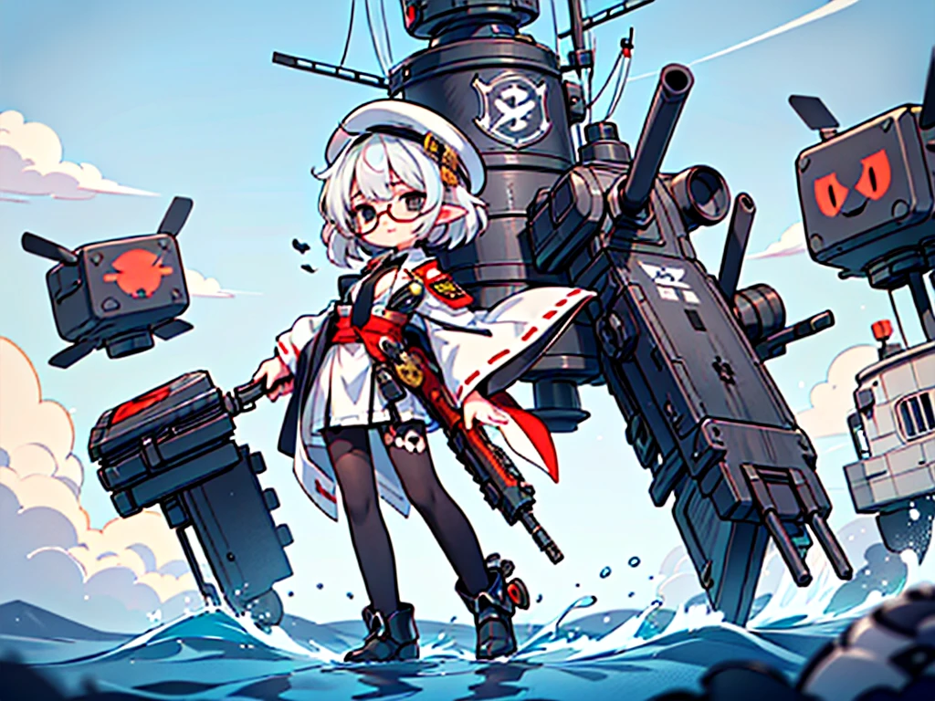 (((masterpiece, Vision))), ((((Full body of a woman with perfect flat chest、1 Female、solo、Short unkempt black hair、Tie your messy hair at the nape of your neck、white military jacket、Miko costume、black tights、Black glasses are black、White military cap、Cloudy black eyes、Confused eyes、Junyo-inspired emblem)))), (((Shipgirl))), ((Floating on the morning sea with both feet)), (Standing with your legs apart)), Aim, (Hold the shotgun turret grip with your right hand), (Four white armored mechanical tentacles extending from its back), (Mechanical tentacles holding machine guns), (Equipped with a bridge on the back), (His left arm holds the grip of a triple machine gun),