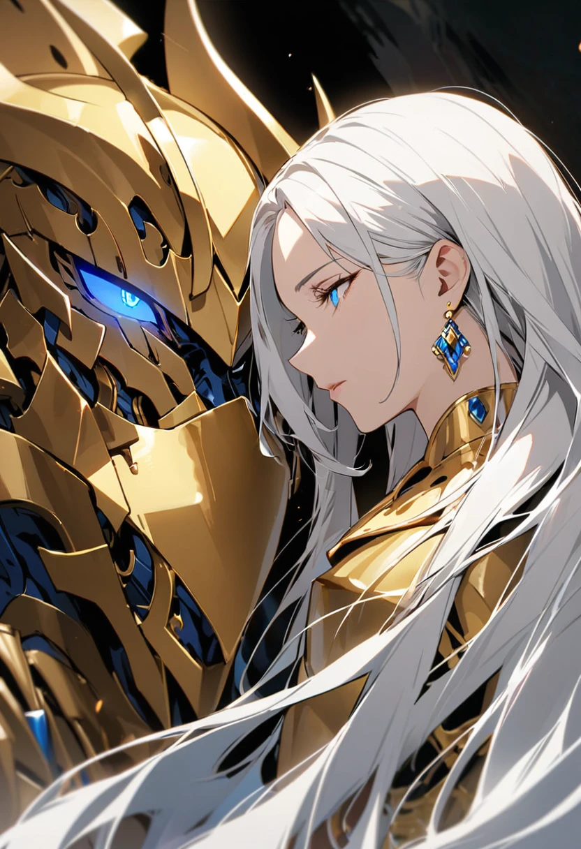 woman, blue eyes, long hair, white hair, mature, god eyes, diamond earings, gentle, side view, golden armor, half eyes, keep the head down, god eyes, glowing eyes, face close