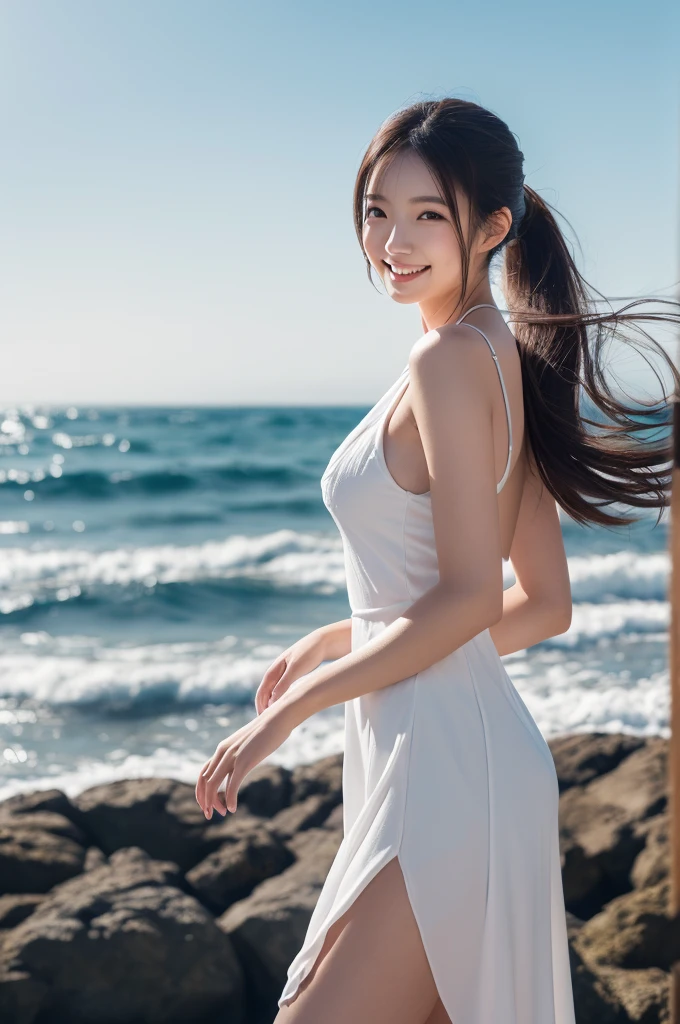 (8k, RAW photo, best quality, masterpiece:1.2), (realistic, photo-realistic:1.4), (extremely detailed 8k wallpaper), Japanese 20 age woman, she is wearing a white dress,The background is the sea,The wind blows my skirt up,she is smiling,ponytail