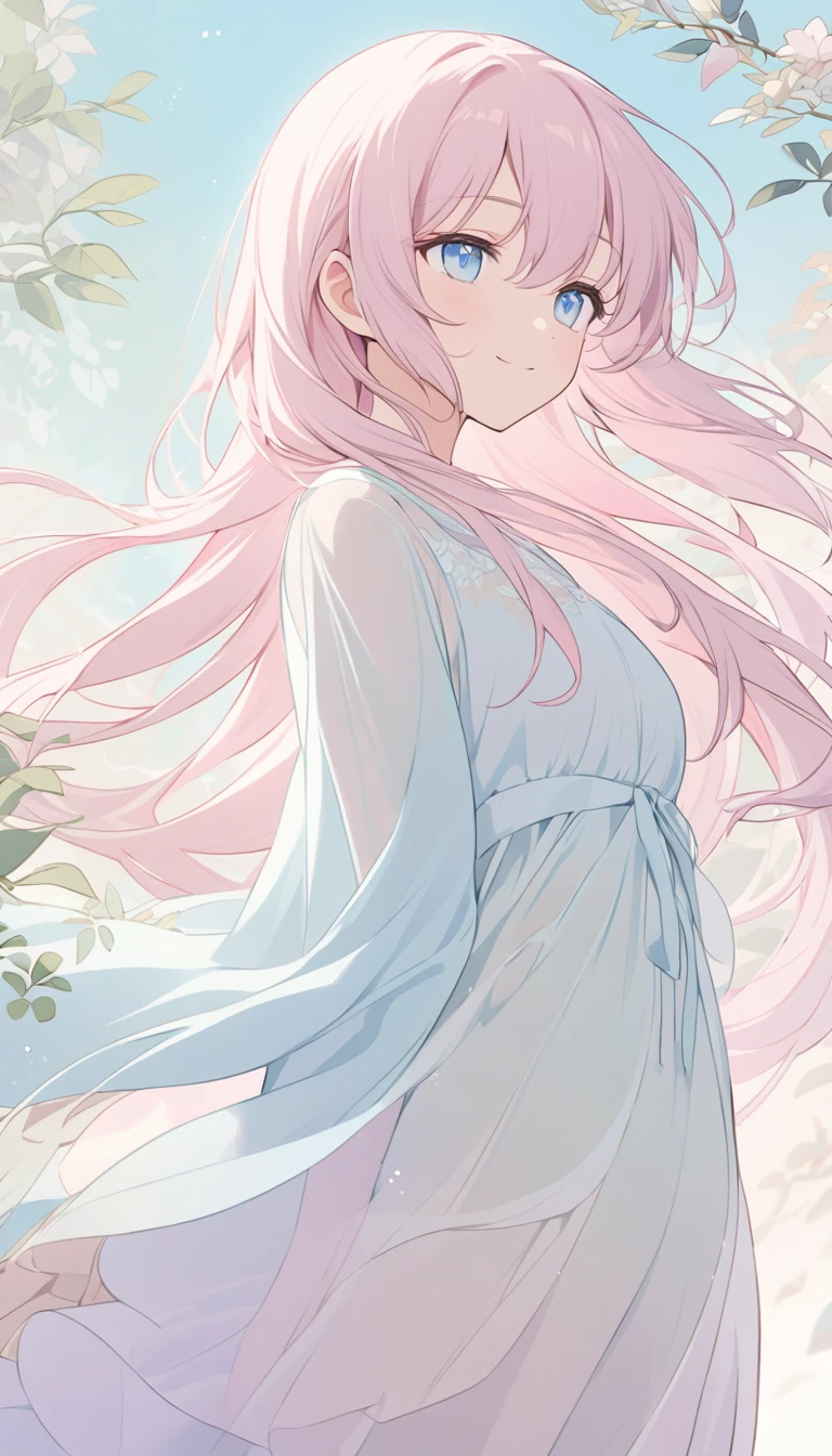 A serene anime-style character with long, light pink hair that flows gently in the wind. The character has a smile and thoughtful expression, with soft blue eyes looking slightly downward. They are wearing a flowing, light-colored dress that appears to be made of a sheer, delicate fabric. The background features subtle foliage and a soft, pastel color palette, adding to the tranquil and ethereal atmosphere of the scene.