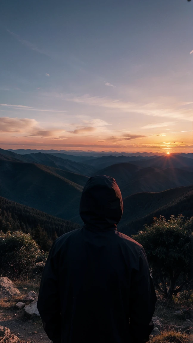 Mountain view and sunset, actual, 8k dark light, Man watching sunset, No face