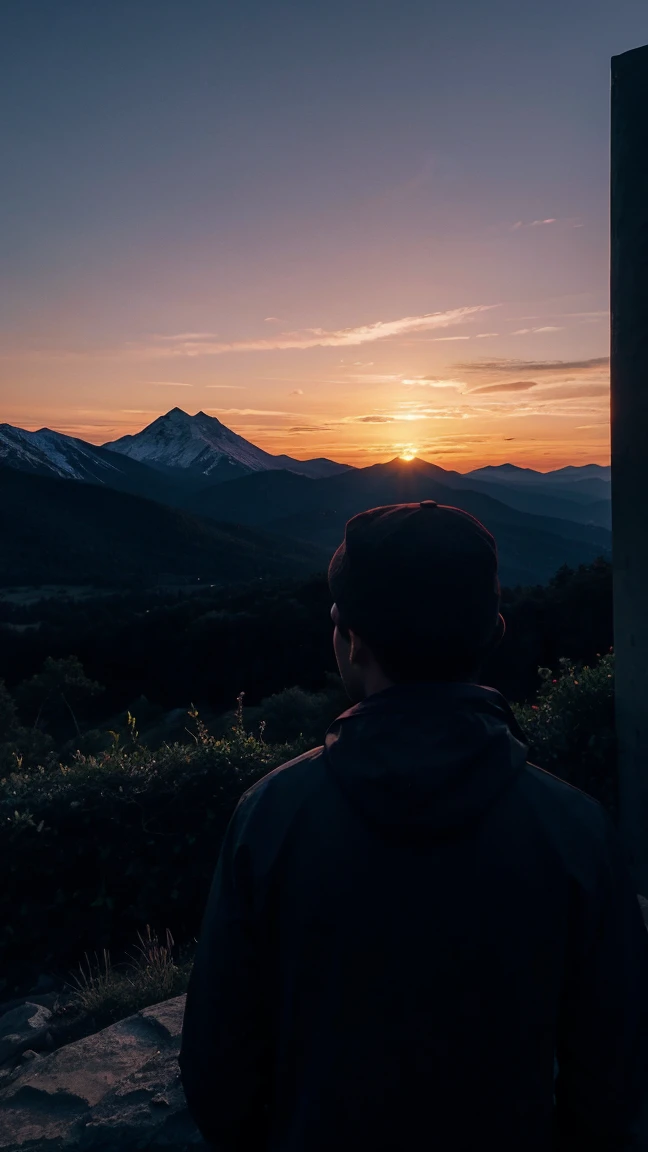 Mountain view and sunset, actual, 8k dark light, Man watching sunset, No face