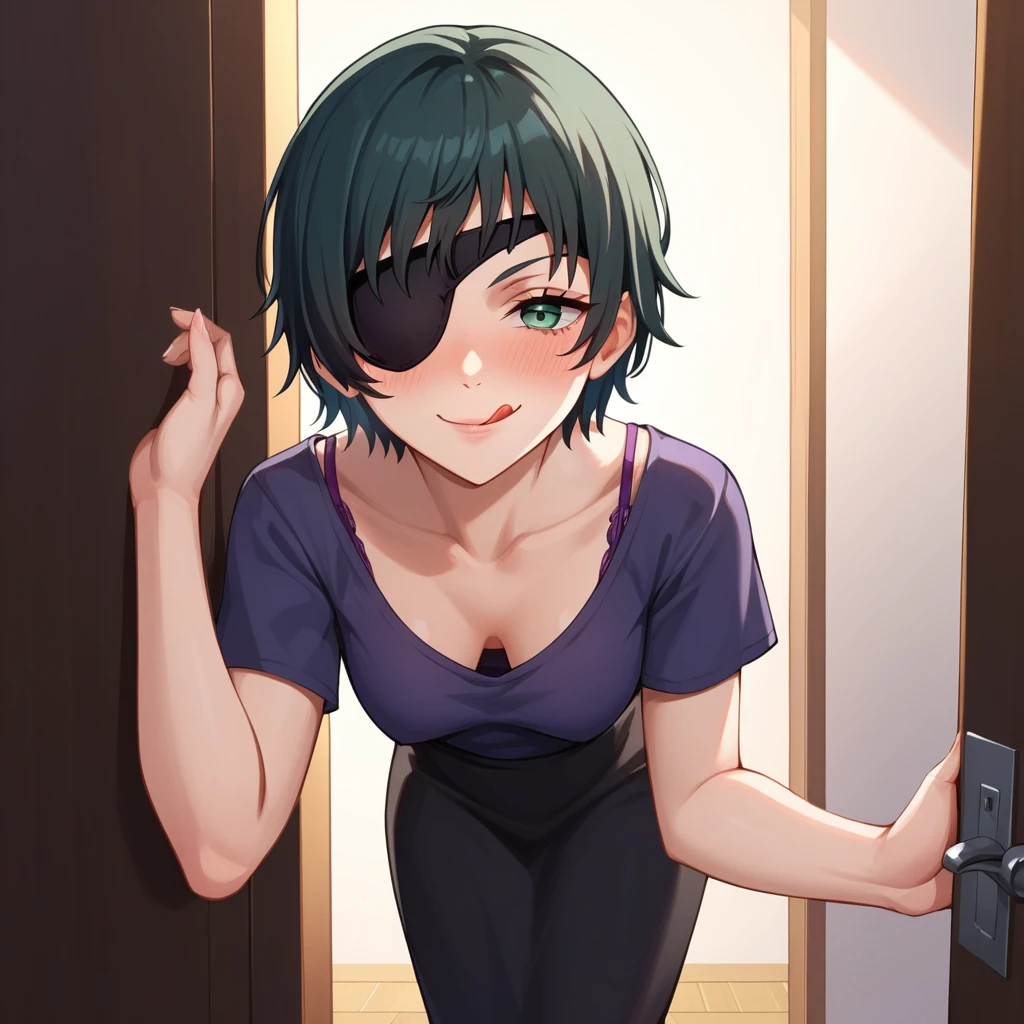 mature female, mature, Adult, himeno, himeno(Chainsaw Man), 1girl, black hair, short hair, eyepatch, solo, nsfw, Villains, small breast, View your audience, opening the door, opening front door, hanging onto the door, outdoor, smug, blush, looks crazy, ((licking lips)), purple bra under the black cape, Night town background, Night, Dark, masterpiece,