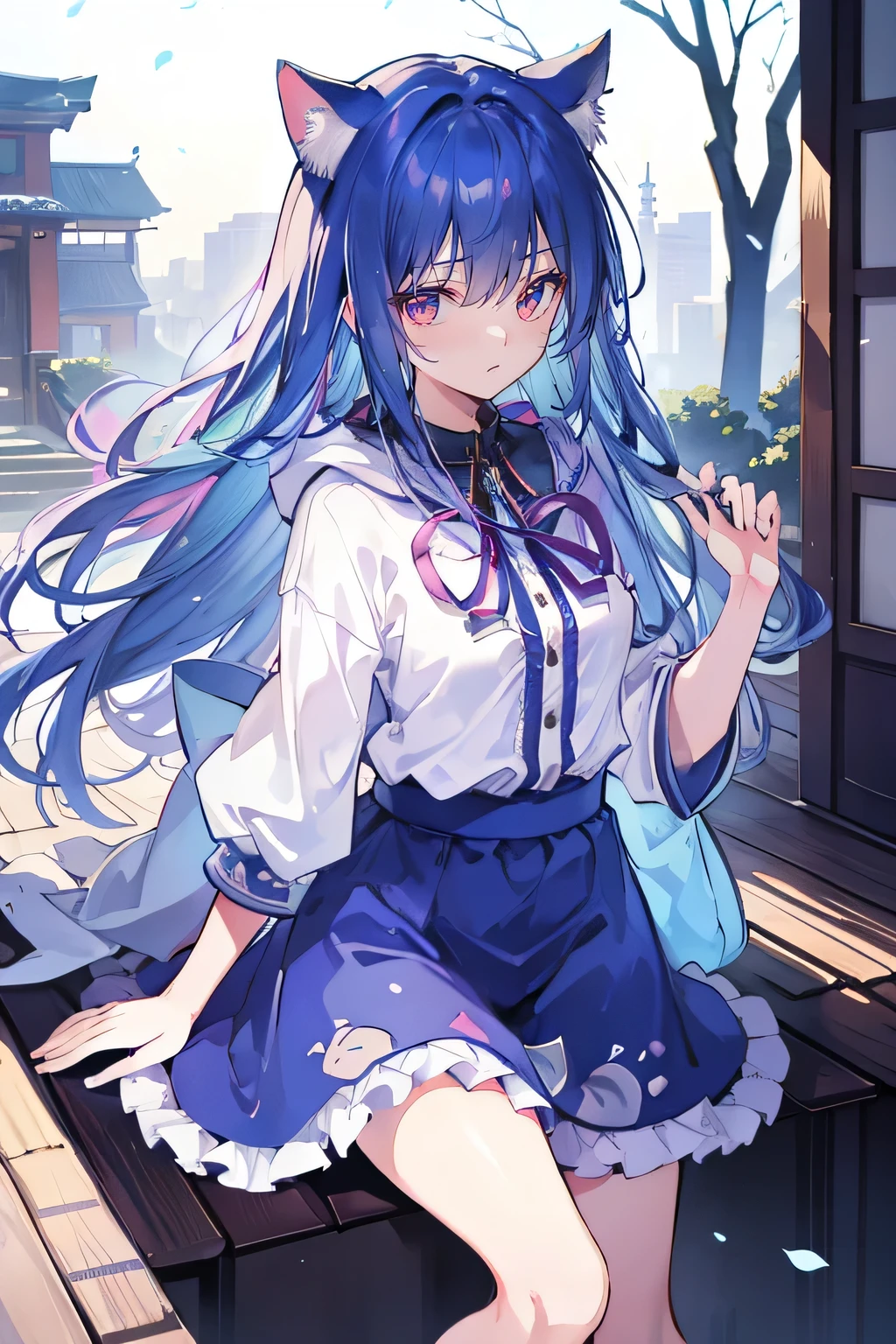 (masterpiece:1.2),Super detailed,lifelike,Expressive eyes,fair skin,perfect face shape,1 girl,
Japanese comics,Gorgeous blue hair,flowing blue hair,flowing clothes,Cat ears,Petals fall,beautiful lola,Baby Angel,
Shaking head with one hand,Cross your legs,Gentle and peaceful background,The pavilion is cool and comfortable,smile, wearing hoodie,snowing,City streets。