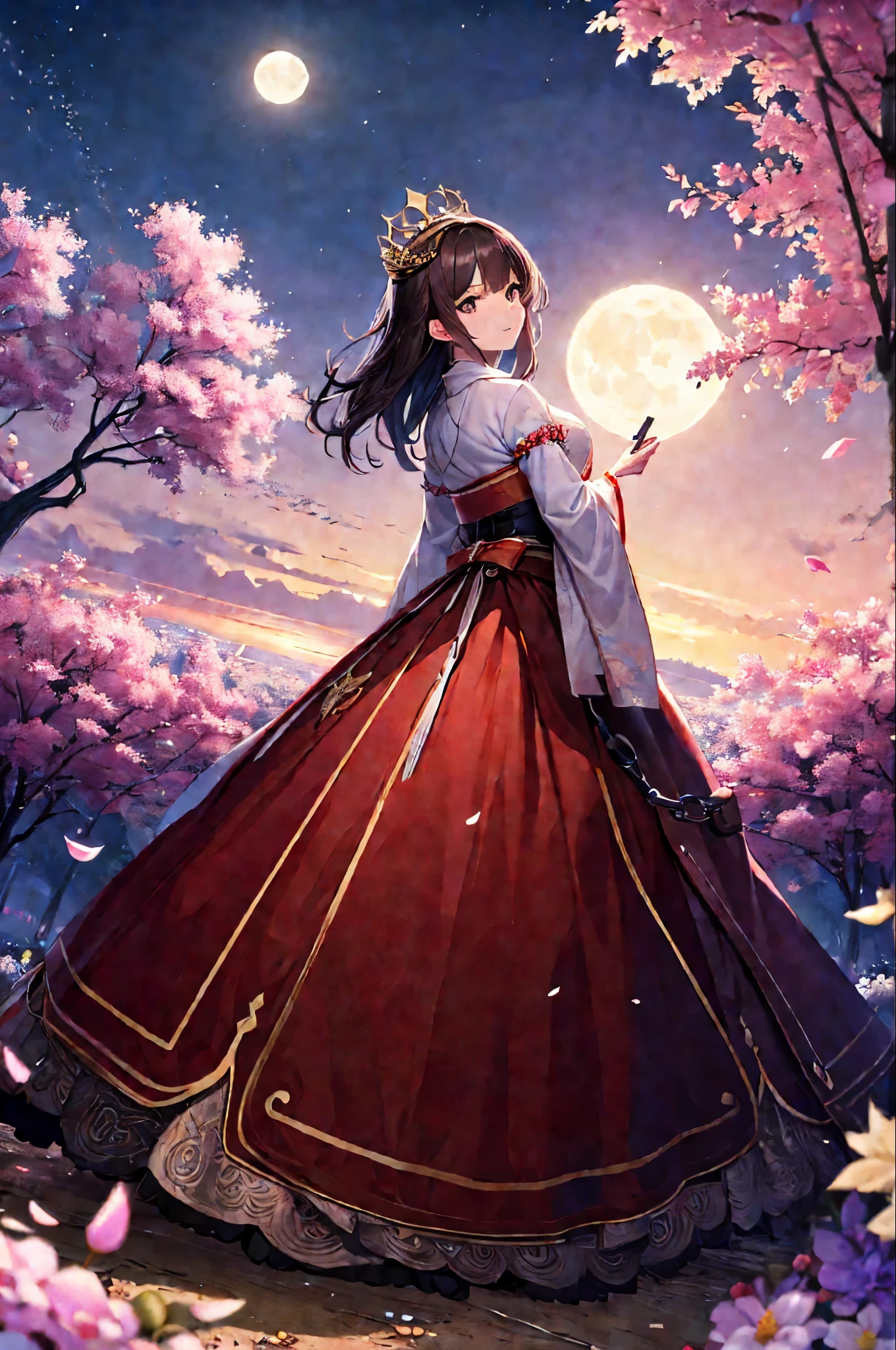 Highest quality, expensive_solve, clear_image, Detailed Background ,girl, hanbok,flower,garden,moon, night,Dutch Angle, Wide Shot, Crown,