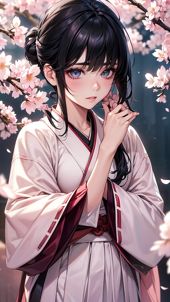 Highest quality, Ultra-high resolution, (Realistic: 1.4), beautiful Eyes, Super beautiful, beautiful, magician, Japanese clothing、((Black Hair、Updo Hair)),White and pink tones、cherry blossoms、beautiful Soldier, Eyes that beckon, Mistress's point of view, Droopy eyes、Attractive look, Sexy smile, Perfect Style, Perfect balance, Detailed skin, Mischievous Gaze,battlefield