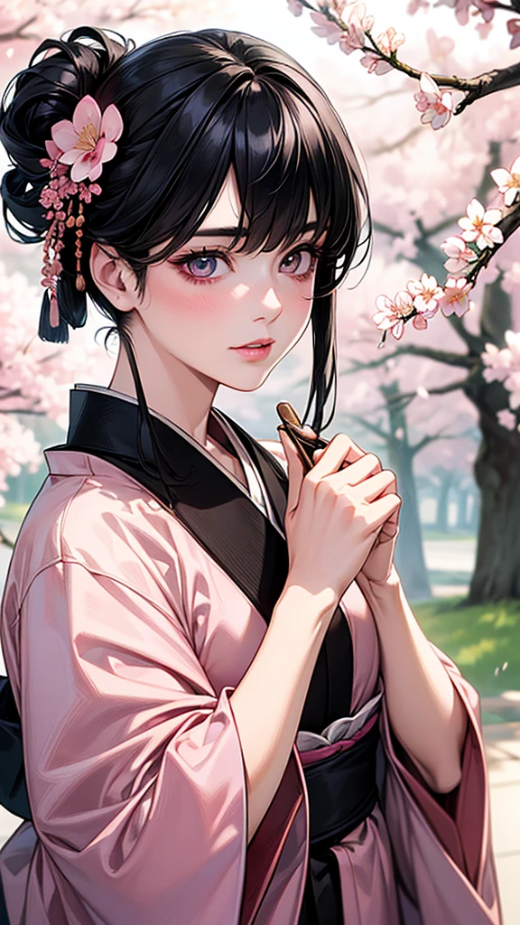 Highest quality, Ultra-high resolution, (Realistic: 1.4), beautiful Eyes, Super beautiful, beautiful, magician, Japanese clothing、((Black Hair、Updo Hair)),White and pink tones、cherry blossoms、beautiful Soldier, Eyes that beckon, Mistress's point of view, Droopy eyes、Attractive look, Sexy smile, Perfect Style, Perfect balance, Detailed skin, Mischievous Gaze,battlefield