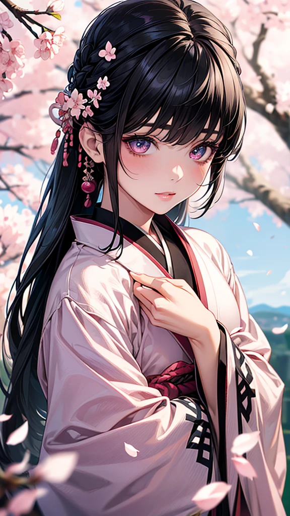 Highest quality, Ultra-high resolution, (Realistic: 1.4), beautiful Eyes, Super beautiful, beautiful, magician, Japanese clothing、((Black Hair、Updo Hair)),White and pink tones、cherry blossoms、beautiful Soldier, Eyes that beckon, Mistress&#39;s point of view, Droopy eyes、Attractive look, Sexy smile, Perfect Style, Perfect balance, Detailed skin, Mischievous Gaze,battlefield