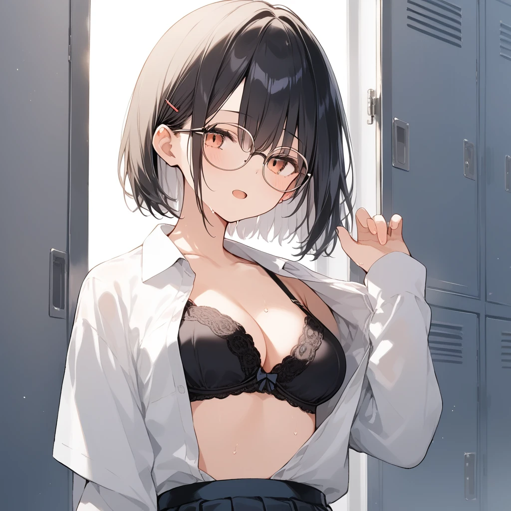 score_9, score_8_up, score_7_up, source_anime, best quality, masterpiece, official art, absurdres, highres, ultra-detailed,waifu2x,Collection: Slice of Life,break,1girl, uniform, underwear, bra, short hair,glasses, medium breasts, beautiful detailed eyes, sweat, open mouth, dressing, sleepily, indoors, school locker room, break,(clear line illustration:1.2), super detailed skin,very high resolution, very aesthetic, Best sexual lighting powered by famous artist, 8k,cute picture,beauty illustration,photoshop_(medium),,(Detailed Lighting),best anime 8k konachan wallpaper, pixiv contest winner,