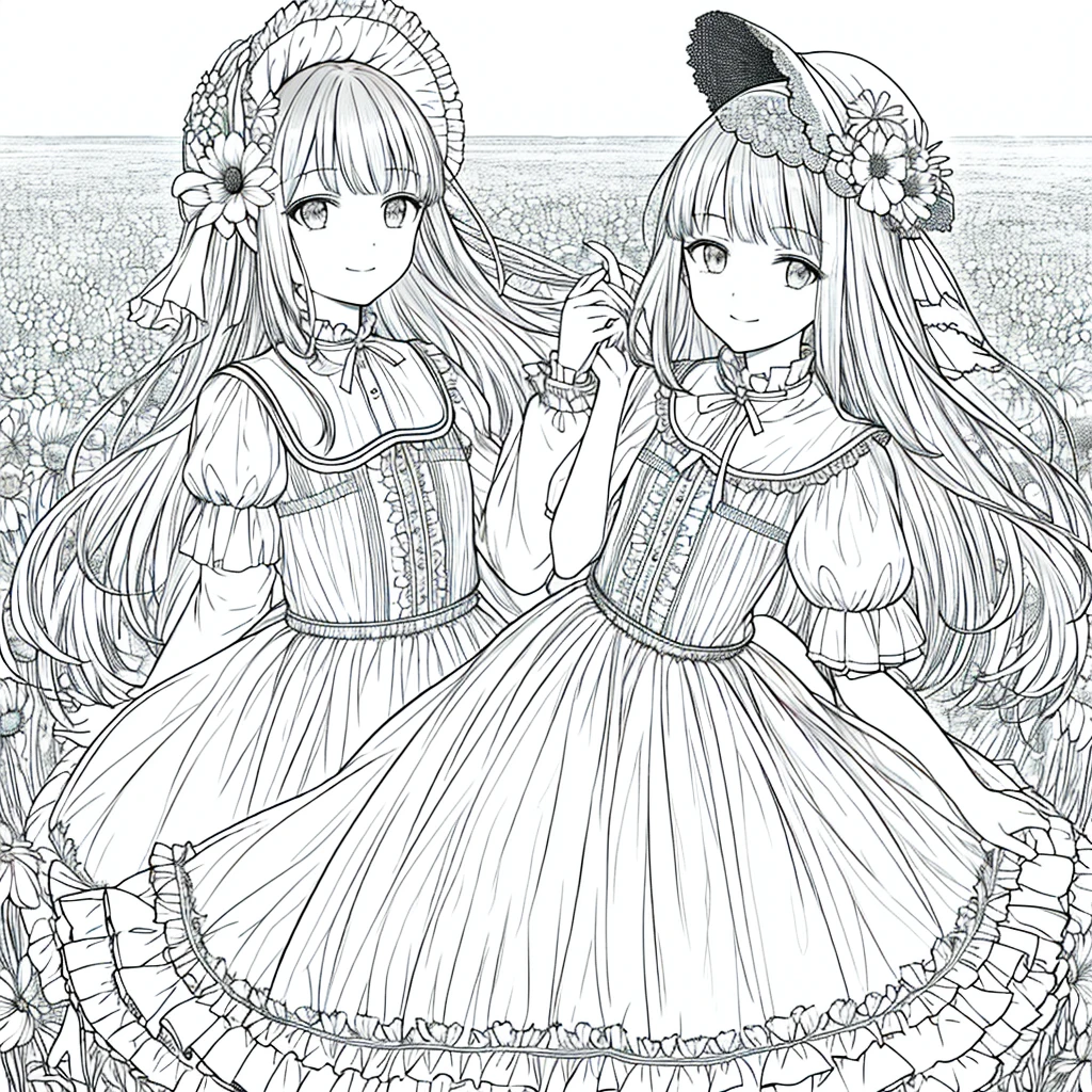 masterpiece, Highest quality, One girl, 一人in, length_hair, Looking_in_Audience, smile, 前hair, skirt, shirt, length_sleeve, hin, dress, bow, Holding, Closed_mouth, flower, Frills, hair_flower, flowerびら, flower束, Holding_flower, center_Frills, bonnet, Holding_flower束, flower field, flower field, Line art, Monochrome,