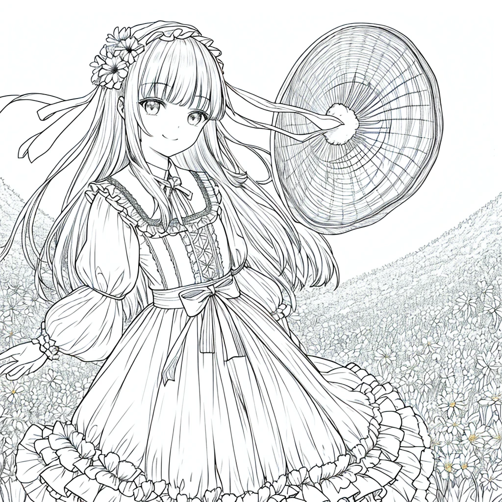 masterpiece, Highest quality, One girl, 一人in, length_hair, Looking_in_Audience, smile, 前hair, skirt, shirt, length_sleeve, hin, dress, bow, Holding, Closed_mouth, flower, Frills, hair_flower, flowerびら, flower束, Holding_flower, center_Frills, bonnet, Holding_flower束, flower field, flower field, Line art, Monochrome,