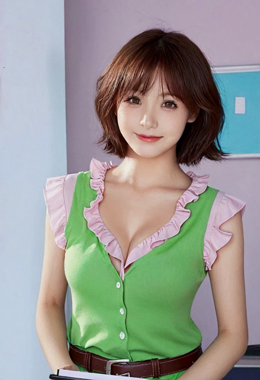1 Girl, Solitary, breast, Looking at the audience, Smile, short hair, large breast, Brown hair, shirt, Keep, cleveage, Green Eyes, clavicle, Ruffles, sleeveless, belt, indoors, sleeveless shirt, pink shirt, clipboard