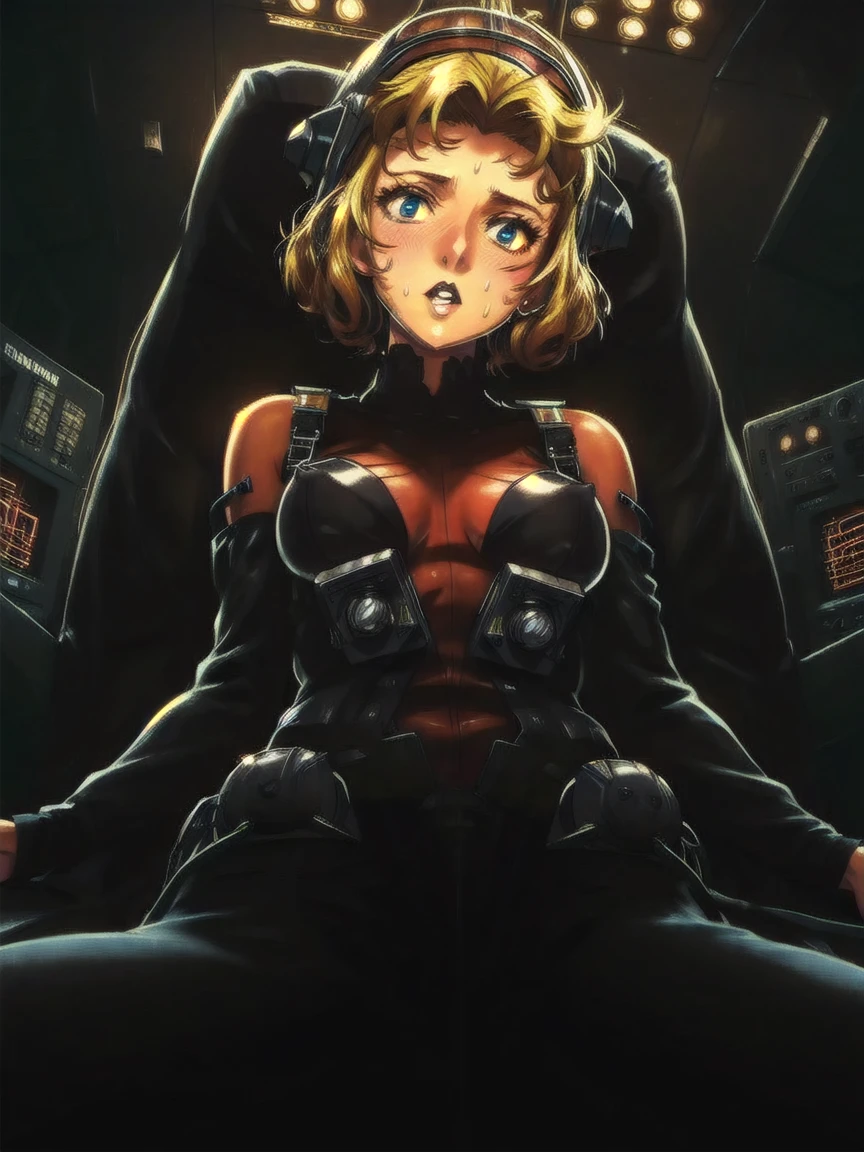 ((gothic vampire piloting in gothic spacecraft)), ((((retro) anime))), (from below), ((120 fov)), ((((gothic)) control panels)), (((mature))), (((gothic))), iridescent bodysuit, ((lace accessories)), ((pilot seat)), ((((lying back)) pose)), ((elegant)), (((serious tone))), ((cockpit top control panel)), intricate control panel details, (close-up), 1990s (style), masterpiece, ((claustrophobic)), best quality, screens, ((pilot helmet)), (((hands on controls))), night, colorful cockpit lights, sparkles, [blushing], [sweat]