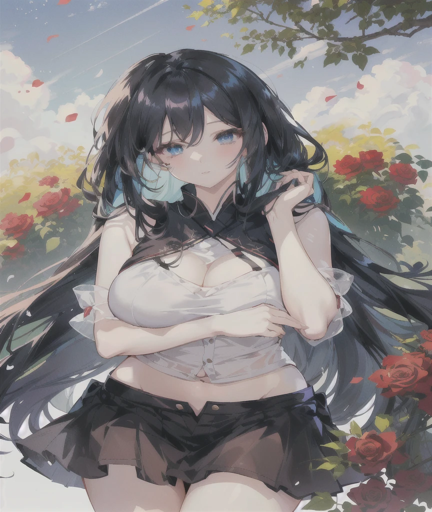 anime girl with long black hair and blue eyes standing in a field of roses, beautiful anime girl, seductive anime girl, beautiful anime woman, beautiful alluring anime woman, anime moe artstyle, attractive anime girl, beautiful anime artwork, beautiful anime, pretty anime girl, (anime girl), beautiful anime art, , anime style 4 k