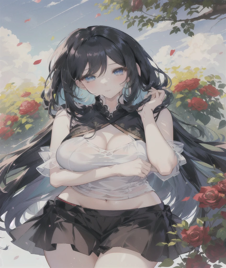 anime girl with long black hair and blue eyes standing in a field of roses, beautiful anime girl, seductive anime girl, beautiful anime woman, beautiful alluring anime woman, anime moe artstyle, attractive anime girl, beautiful anime artwork, beautiful anime, pretty anime girl, (anime girl), beautiful anime art, , anime style 4 k
