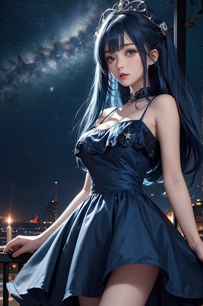 Ultra HD、A beautiful blue-haired character、Cute big eyes、Red burning cheeks、Night scene with starry sky background、Wearing a gorgeous dress、Subtle details、A fantastic atmosphere、Anime style