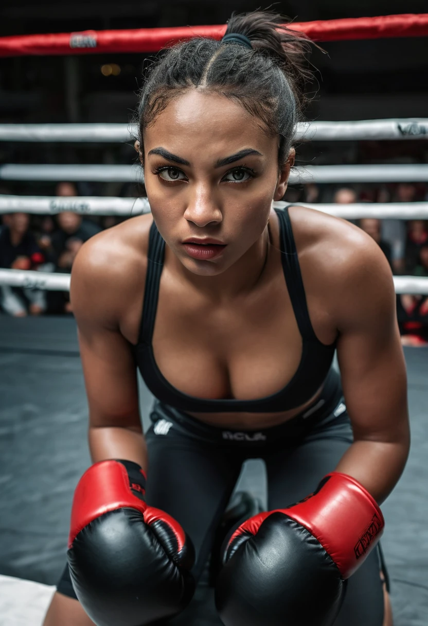 A woman in a boxing ring, wmma. A woman in a black tank top and red boxing gloves. Portrait of a Boxer fallen in the Ring, knocked out, She is lying down, and she appears to be feeling pain or discomfort, with an expression of suffering on her face, The scene conveys the feeling of a difficult moment during the fight. fierce expression, sweat on face, boxing gloves, [Realistic], (strong lighting: 1.2), (boxing ring scene: 1.1), (4k resolution. Black sports bra and shorts, boxer gloves.Woman completely Arafed with green eyes. Pose of a strong, muscular woman, determined expression, fierce look, athletic build, confident pose, beautiful 25 year old black woman with voluminous dark skin with brown highlights, green eyes, beautiful green eyes, realistic green eyes , detailed. eyes, ultra-realistic, symmetrical, hyper-realistic (eyeliner, long and perfect eyelashes, the nose is small and proportional to the face and the soft contour of the face that accentuates the high cheekbones, attractive and irresistible mouth). defined lips, full lips, voluminous lips, seductive lips, captivating, striking, unforgettable and enigmatic black lipstick. The face is oval, with high cheekbones and a well-defined chin, a beautiful and detailed face. skin: Olive skin, healthy and even glow, with olive skin, dark skin, sexy girl with olive skin, detailed skin texture, beautiful and shiny skin, intricate details, smooth skin, healthy and radiant appearance. Hourglass body, voluptuous body, slender woman, Huge breasts, well-toned belly, slim waist, Wide hips, big hips, huge butt, thick thighs, Long shapely legs. 50mm lens, f/2.8, hdr, RAW photo (8K), high quality resolution 8K uhd, dslr, 2k, 4K, 8K, 16K. Fight defeat pose, fight failure, countdown, knockout.