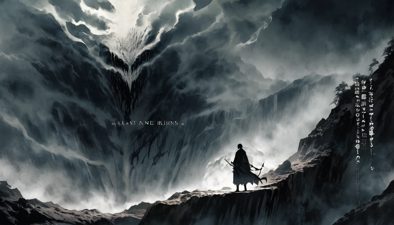 Create an anime-style image inspired by the following song lyrics. The image should feature at least one anime character standing on the edge of a cliff, staring into an abyss with mist swirling around. The character should have a determined expression, symbolizing their struggle and resilience. Scars or other signs of past battles should be visible on the character. In the background, incorporate elements of a dark, stormy environment, possibly with shadows or demons lurking to represent inner demons. The overall theme should convey a sense of rising above challenges and finding strength and redemption. Ensure the image captures a mix of darkness and hope, reflecting the themes of the song