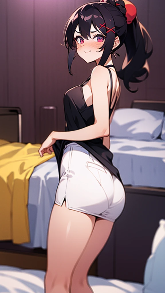 NSFW:3.6 Anime drawings with vivid colors Full-body figures of tall women:1.9 Completely naked:3.6 Sweat, breasts, buttocks, composition seen from the back, standing pose, stylish choker　Troubled face, glaring, wrinkled brows, flushed cheeks, night:1.3 Apartment bedroom, white sheets, short black hair, ponytail:1.9 Straight hair, bangs swept to the side:1.9. Slanted eyes, brown eyes, tall, big breasts, strong-willed, beautiful