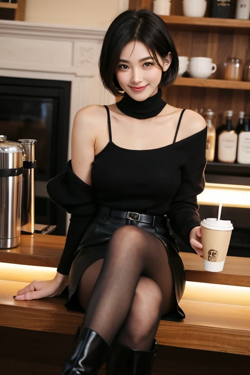  girl, Hazel eyes, Tsuri Plum, Black short hair, Large Breasts, Delicate skin, Lounge Turtleneck Shirt,   Black shoulder bag, Black high-heeled boots, Coffee Shop, Cross your legs, Smile, Drink coffee, Holding a cup of coffee,  
