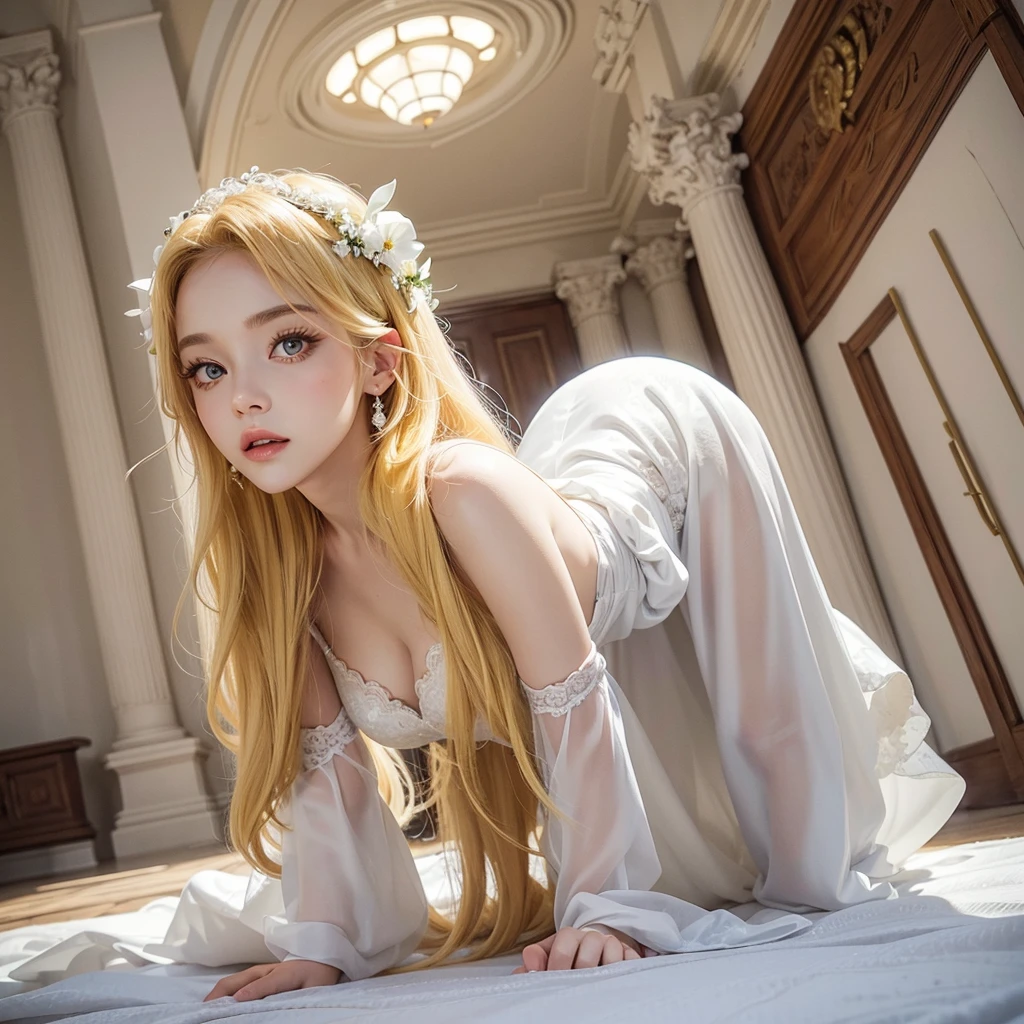 1 beautiful woman, white wedding dress, on all fours, tall, drooping eyes, double eyelid, upturned eyes, wavy hair, yellow hair, indoors, castle, masterpiece, extremely fine and beautiful, american