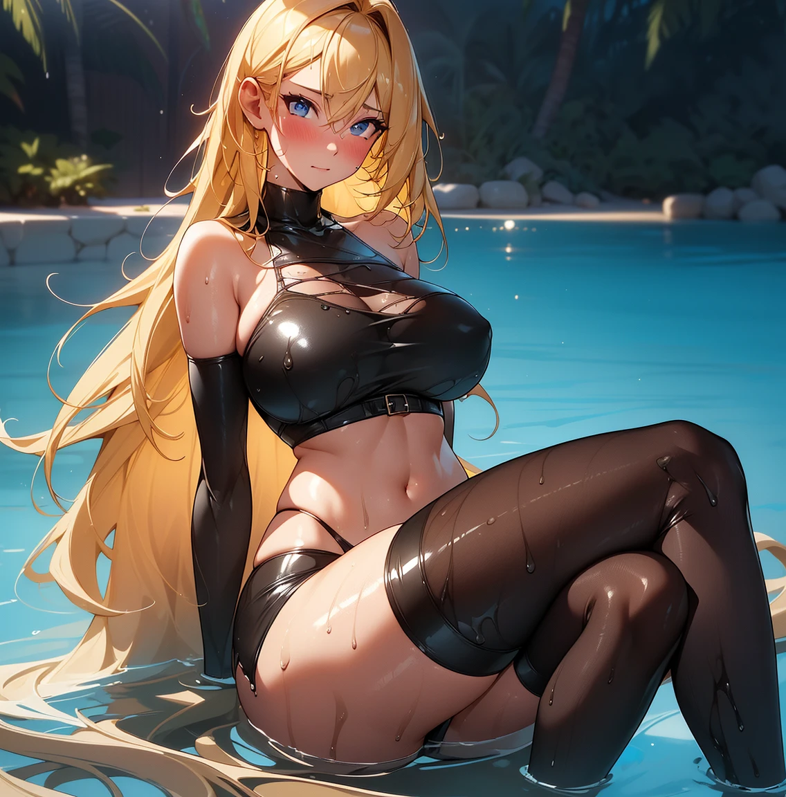(The best quality,4k,High Resolutions),(realist:1.37), Blonde, long hair, Shy and blushing, sexy, big breast, wet bikini,black lingerie,shorts,Long black stockings,wet,soggy,open legs,water,(Photo ),
(whole body,cheered up),(vivid colors),(soft lighting)
