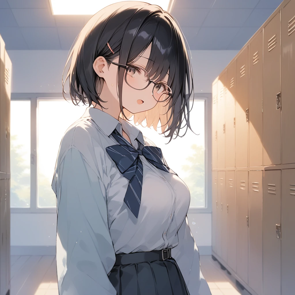score_9, score_8_up, score_7_up, source_anime, best quality, masterpiece, official art, absurdres, highres, ultra-detailed,waifu2x,Collection: Slice of Life,break,1girl, uniform, underwear, bra, short hair,glasses, medium breasts, beautiful detailed eyes, sweat, open mouth, dressing, (yawn:0.3), sleepily, indoors, school locker room, break,(clear line illustration:1.2), super detailed skin,very high resolution, very aesthetic, Best sexual lighting powered by famous artist, 8k,cute picture,beauty illustration,photoshop_(medium),,(Detailed Lighting),best anime 8k konachan wallpaper, pixiv contest winner, 