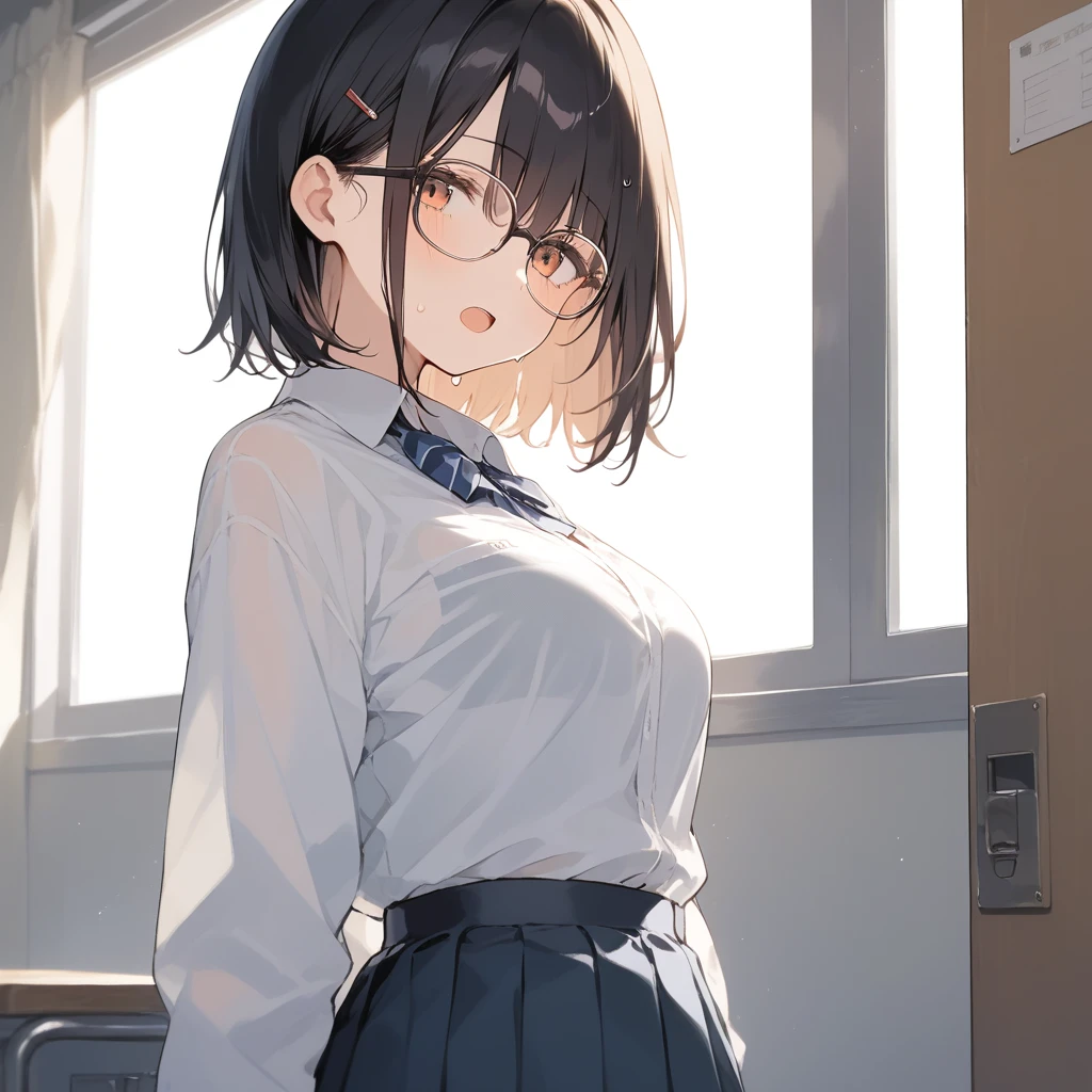 score_9, score_8_up, score_7_up, source_anime, best quality, masterpiece, official art, absurdres, highres, ultra-detailed,waifu2x,Collection: Slice of Life,break,1girl, uniform, underwear, bra, short hair,glasses, medium breasts, beautiful detailed eyes, sweat, open mouth, dressing, (yawn:0.3), sleepily, indoors, school locker room, break,(clear line illustration:1.2), super detailed skin,very high resolution, very aesthetic, Best sexual lighting powered by famous artist, 8k,cute picture,beauty illustration,photoshop_(medium),,(Detailed Lighting),best anime 8k konachan wallpaper, pixiv contest winner,