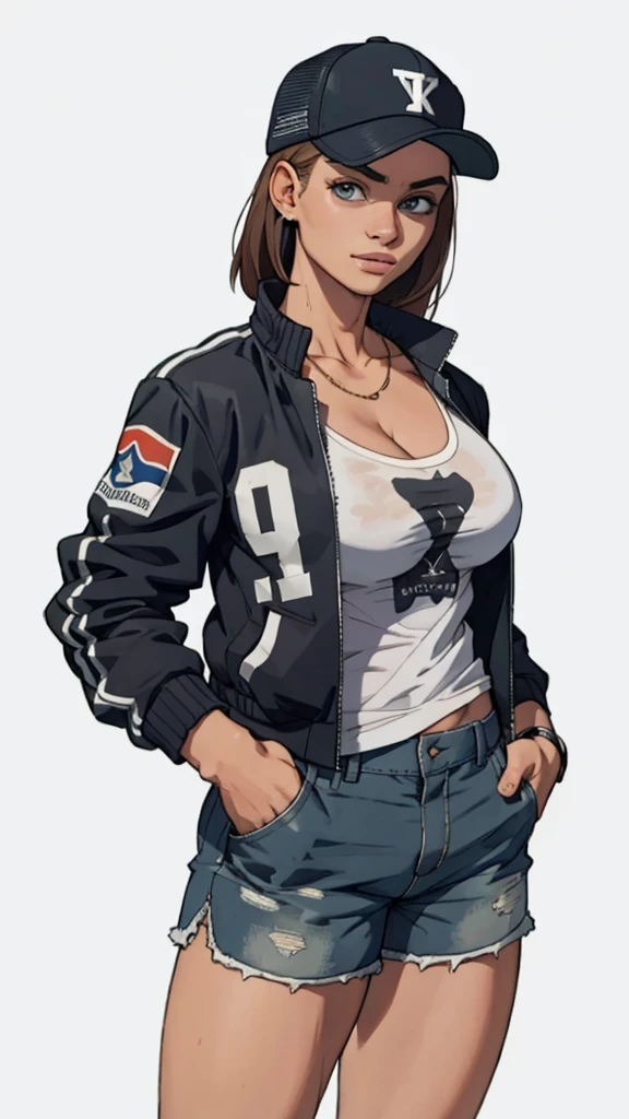masterpiece,best quality, cleavage, standing, solo, shorts, t-shirt, Jacket,cap hat,detailed face, detailed eyes, highres,upper body