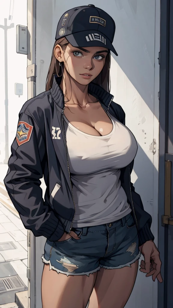 masterpiece,best quality, cleavage, standing, solo, shorts, t-shirt, Jacket,cap hat,detailed face, detailed eyes, highres,upper body