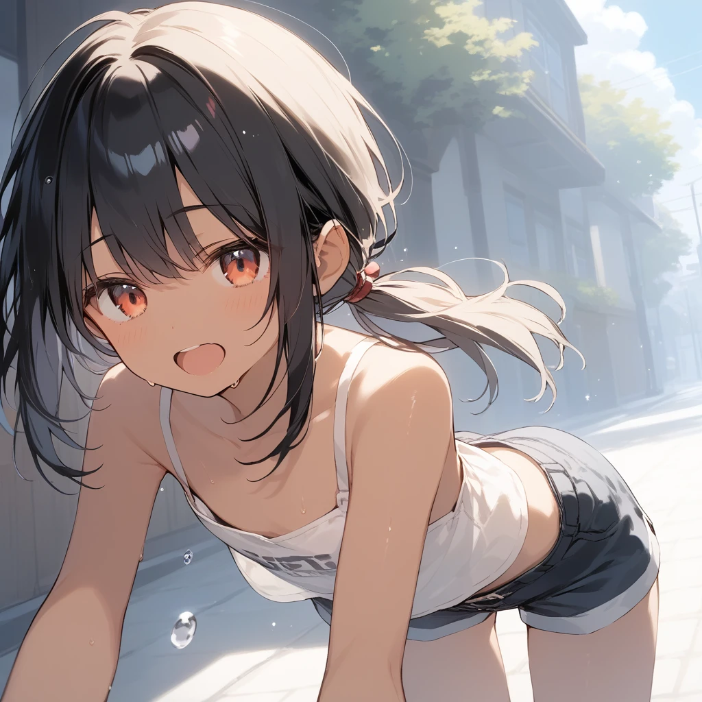 score_9, score_8_up, score_7_up, source_anime, best quality, masterpiece, official art, absurdres, highres, ultra-detailed,waifu2x,Collection: Slice of Life,break,1girl, tomboy, dark-skinned female, short hair, low ponytail, flat chest, beautiful detailed eyes, short shorts, sweat, open mouth, (yawn:0.3), sleepily, outdoors, wind,break,(clear line illustration:1.2), super detailed skin,very high resolution, very aesthetic, Best lighting powered by famous artist, 8k,cute picture,beauty illustration,photoshop_(medium),,(Detailed Lighting),best anime 8k konachan wallpaper, pixiv contest winner,