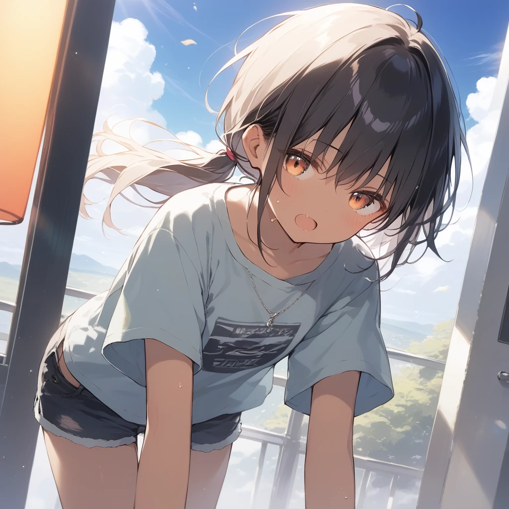 score_9, score_8_up, score_7_up, source_anime, best quality, masterpiece, official art, absurdres, highres, ultra-detailed,waifu2x,Collection: Slice of Life,break,1girl, tomboy, dark-skinned female, short hair, low ponytail, flat chest, beautiful detailed eyes, short shorts, sweat, open mouth, (yawn:0.3), sleepily, outdoors, wind,break,(clear line illustration:1.2), super detailed skin,very high resolution, very aesthetic, Best sexual lighting powered by famous artist, 8k,cute picture,beauty illustration,photoshop_(medium),,(Detailed Lighting),best anime 8k konachan wallpaper, pixiv contest winner, 