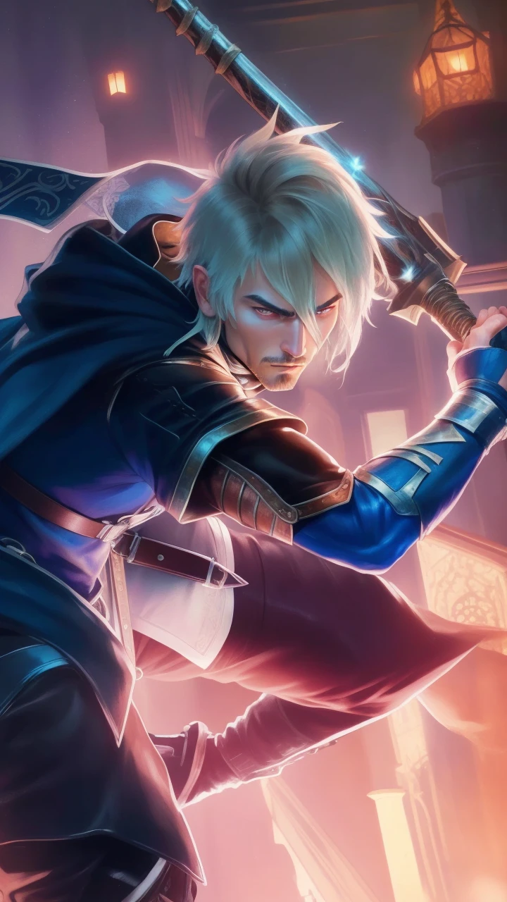 (absurdres, highres, ultra detailed), 1 male, adult, handsome, high muscular face, broad shoulders, finely detailed eyes, short black hair, brown eyes, black cloak, wearing a hood, leather vest, leather bag at the waist, 2 daggers on the belt, castle, medieval atmofera, natural light and shadow, There are bright particles flying around the man, fantastic, mysterious, bright glow, seated pose, serious expression, cold, thoughtful, mouth shut