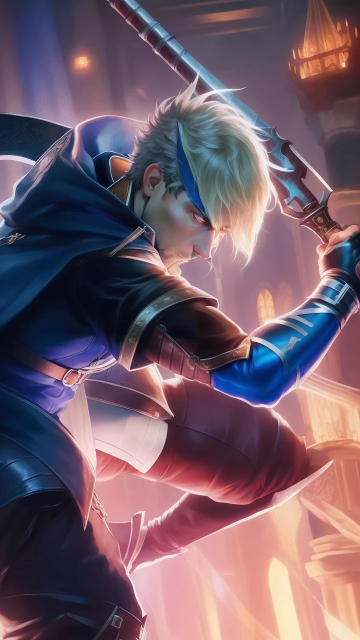 (absurdres, highres, ultra detailed), 1 male, adult, handsome, high muscular face, broad shoulders, finely detailed eyes, short black hair, brown eyes, black cloak, wearing a hood, leather vest, leather bag at the waist, 2 daggers on the belt, castle, medieval atmofera, natural light and shadow, There are bright particles flying around the man, fantastic, mysterious, bright glow, seated pose, serious expression, cold, thoughtful, mouth shut