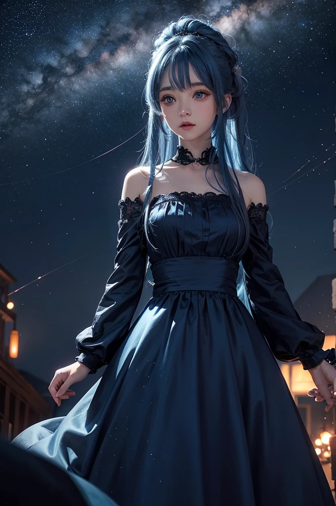 Ultra HD、A beautiful blue-haired character、Cute big eyes、Red burning cheeks、Night scene with starry sky background、Wearing a gorgeous dress、Subtle details、A fantastic atmosphere、Anime style